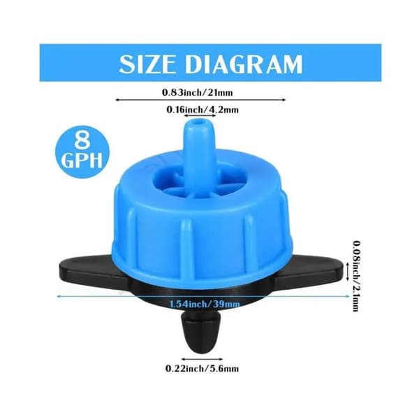 Pakke med 100 Micro-Drip System Justerbare Endedypper, Trykregulator, Selvregulerende Dryppere 8 l/t, til Vanding af Planter