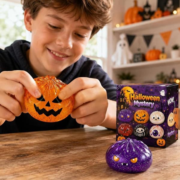 Halloween Ghost Dumpling TPR Squishy Stress Relief Toy, Single Pack with Steamer Storage Box Little Demon Red