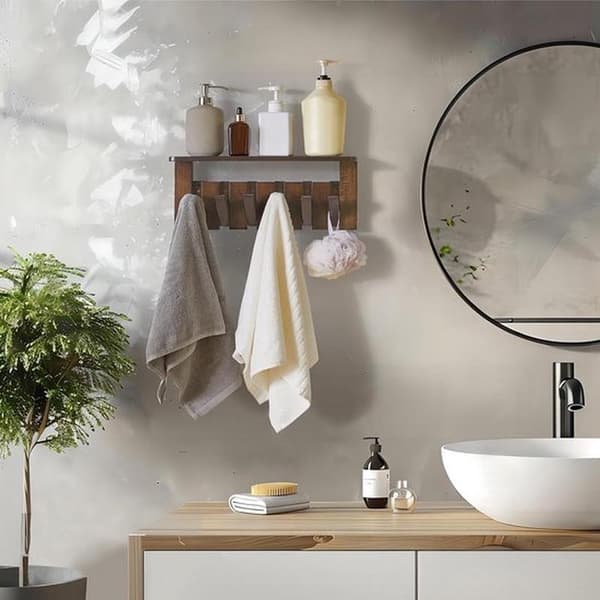 Wall-mounted coat rack with shelves and retractable hooks - Walnut wood