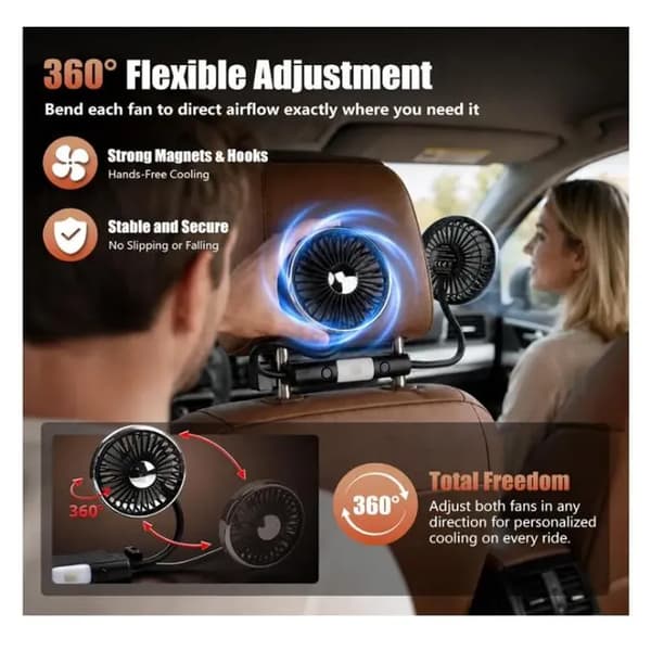 Dobbelt hoved bilventilator med LED, 2 hastigheder, 360° rotation, bærbar USB, bagmontering til biler, lastbiler og SUV'er