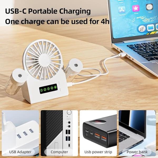 Handheld Water Mist Fan - Mini USB Fan - Cool Down Anytime, Anywhere - 4 Adjustable Wind Speeds - 16x13x5 cm - White
