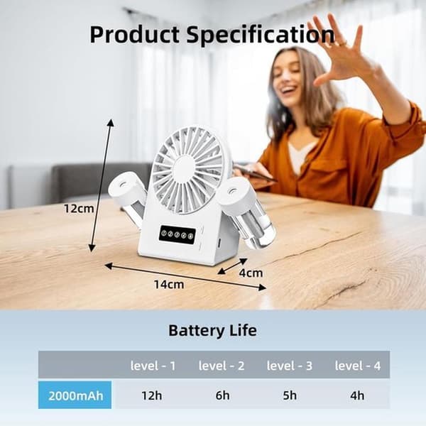 Handheld Water Mist Fan - Mini USB Fan - Cool Down Anytime, Anywhere - 4 Adjustable Wind Speeds - 16x13x5 cm - White