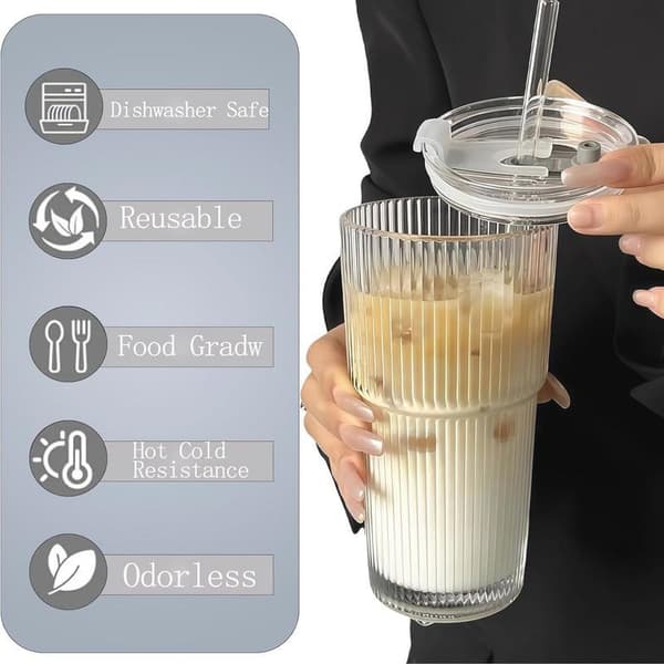 Matcha-glas med sugrör och låg - Perfekt til iskaffe, bubble tea og smoothies - 600 ml