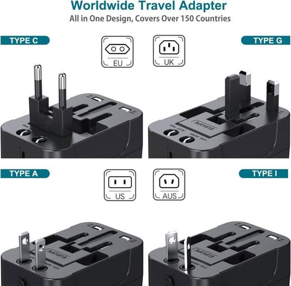 Rejseadapter med 2 USB-porte, alt-i-én global rejseadapter, universel oplader, strømadapter