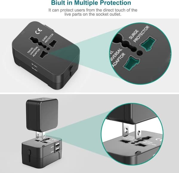 Reiseadapter med 2 USB-porter, alt-i-ett global reiseadapter, universallader, strømadapter