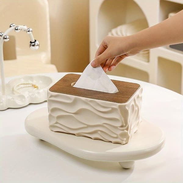 Large Capacity Desktop Tissue Box with Thickened Wooden Lid and Corrugated Design (Off-White)