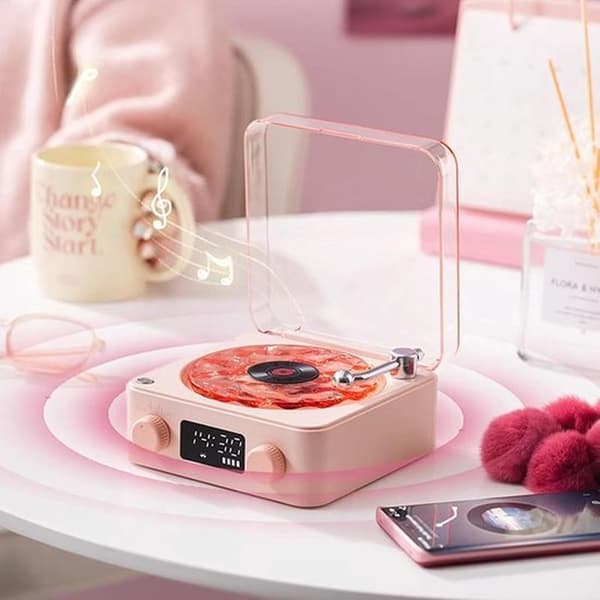 Vinyylilevysoitin, Bluetooth-kaiutin, kannettava retro valolla, vaaleanpunainen