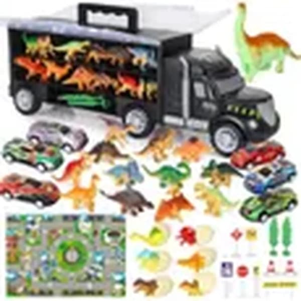 Leluautonkuljetusauto - Dinosaurukset ja eläimet - 12 dinosaurusta - 6 eläintä - 6 autoa