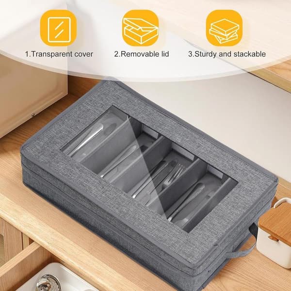 Cutlery Storage Box Cutlery Case with Removable Lid and Adjustable Compartments Organizer for Cutlery, Utensils, Knives, and Large Dinnerware