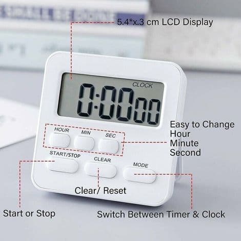 24-timers digital køkkentimer, stort display, hørbar alarm (sort)
