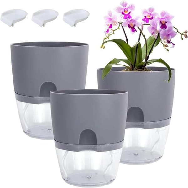 Blomsterpotter - Plantekrukker - Selvvanende - Inkluderer vanntank - 3 deler - Grå