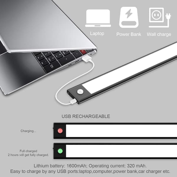 2 stk garderobelys, 30 cm, trådløse, USB-oppladbare, bevegelse
