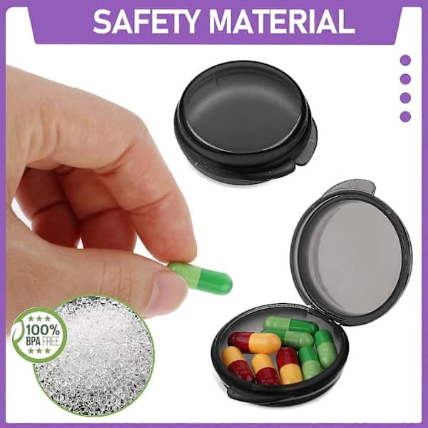 Small Pill Box, Cute Pill Container Portable for Pocket Handbag Daily Round Mini Storage Container Earphone Case 4-pack (4pcs-Black)