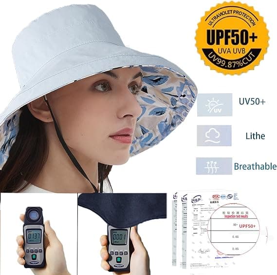Dame solhatter bred brem vendbar bøtte bomullshatt pakkbar sommerreisehette med hatteklips, UV-beskyttelse blå