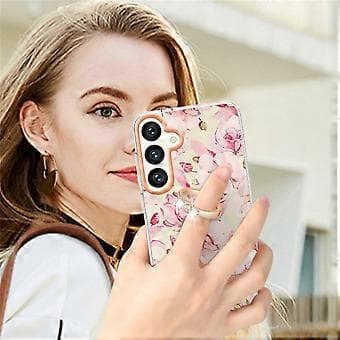 Compatible Back Cover for Samsung Galaxy S24 with Ring Stand Flower Pattern Electroplated TPU Case (Pink)