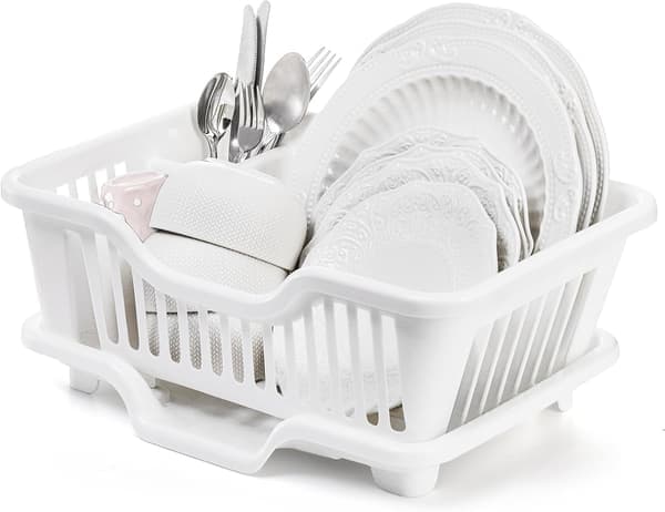 Two-piece plastic dish rack, sturdy dish rack for kitchen sink, large white draining rack with drainboard