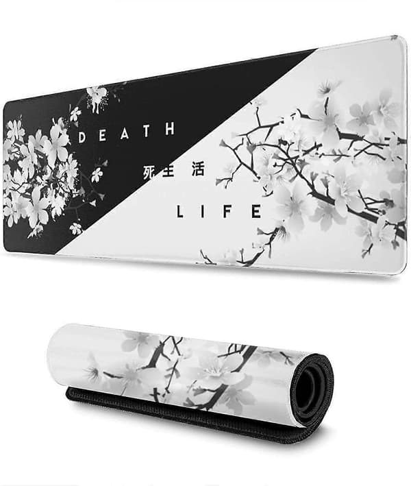 Svart-hvitt Japansk Kirsebærtre Gaming Musematte, Utvidet Stor Musematte Skrivebordsunderlag, Sydde Kanter Musematte, Lang Sklisikker Gummibase Musematte