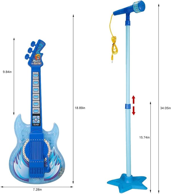 TAKIHON Barn Gitarr & Mikrofon Set med Musik LED Ljus, Justerbart Stativ Karaoke Leksak Blå Uppgraderad Blå Blue