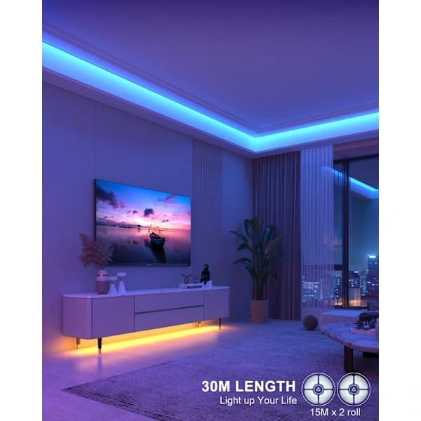 30M RGB LED Strip Lights with App and Remote Control, Music Sync, Dimmable Timer for Home, TV, Party, Gaming