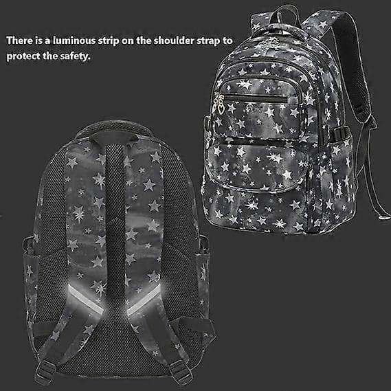 Star Print Backpack, Lunch Bag, and Pencil Case, 3-Piece Set for Elementary School Students, Teenagers, Backpack Black