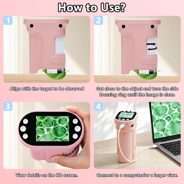 Digital microscope for kids, 1000X handheld pocket microscope STEM science toy Pink Pink