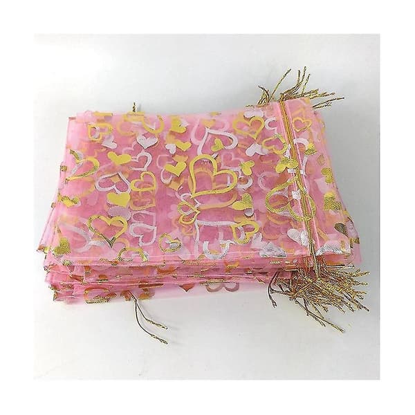 200 stk 9x12cm Hjerteformede Lyserøde Organza Smykkeposer