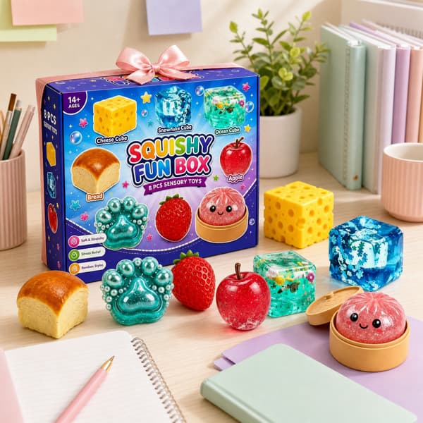 8-delt Squishy madlegetøjssæt, brød, jordbær, æble, kattepote, dumpling og terning stresslindrende gaveæske