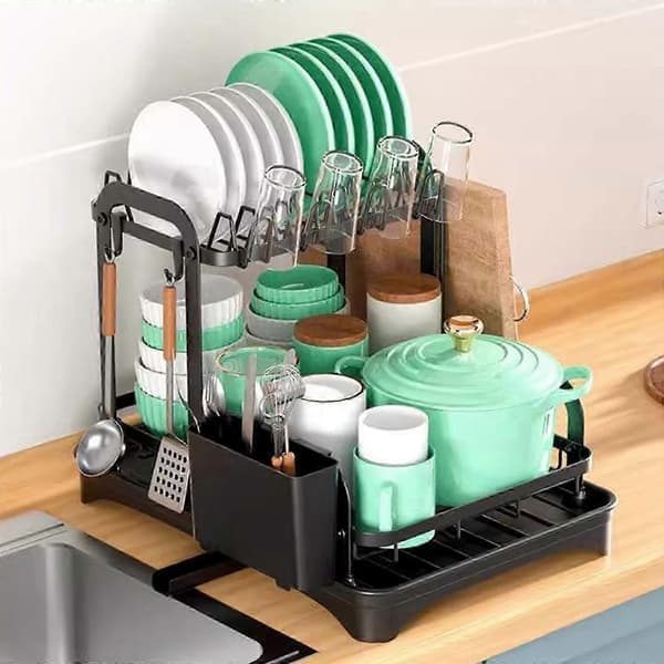 2-Tier Iron Dish Drying Rack with Drain Tray, Countertop Organizer for Bowls, Plates, and Cutlery for Kitchen