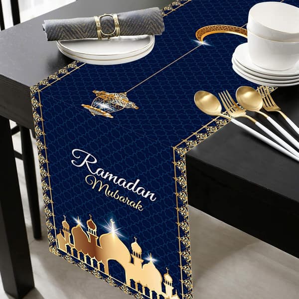 Eid Ramadan Mubarak Bordløper, 14x71 Tommer Stjerne Måne Moské Dekorativ, Polyester Duk Dekorasjon for Hjemmesal