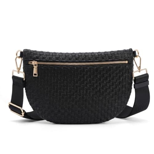 Vävda Crossbody-väskor för kvinnor Rutig Midjeväska Dam Midjeväska Slingväska med bred rem för resor Black Grid Black Grid