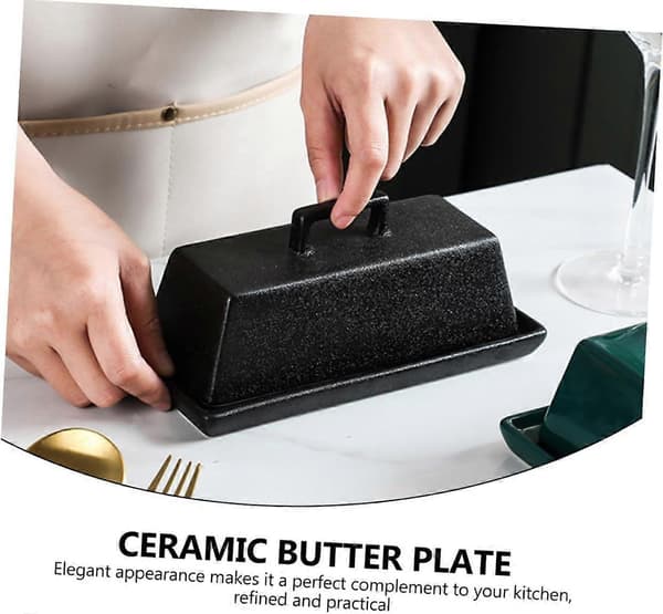 Ceramic Butter Dish with Lid, Airtight Seal, Matte Black with Cutter for Kitchen and Parties