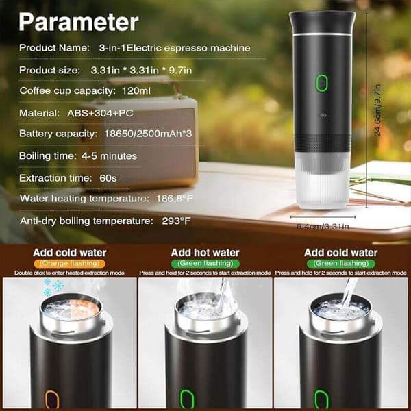 Portable Travel Kettle, Fast Heating 3-in-1 Portable Coffee Maker 12V, 4-6 Minute Automatic Heating, Large Capsules, Ground Coffee