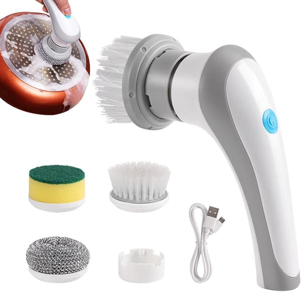(White) Handheld Electric Rotary Scrubber, 3 Replaceable Brush Heads