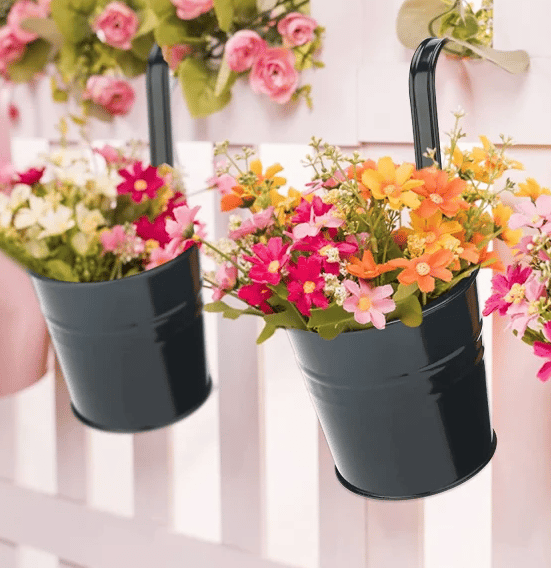 5-pack Hanging Metal Pots - for Fences or Balconies - with Removable Hooks - Hanging Tin Pots Red red