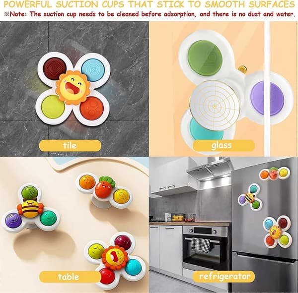 Sugpropp Hand Spinner Leksaker Sensoriska Leksaker Släpp Stress och Ångest Snurrande Topp Babyleksaker med Sugkopp för Småbarn efter 18 Månader (3 ST)