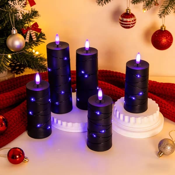 LED String Light with Flameless Pillar Candles, Remote Control and Timer for Halloween and Parties 5Pk-Purp-Remote 5Pk-Purp-Remote