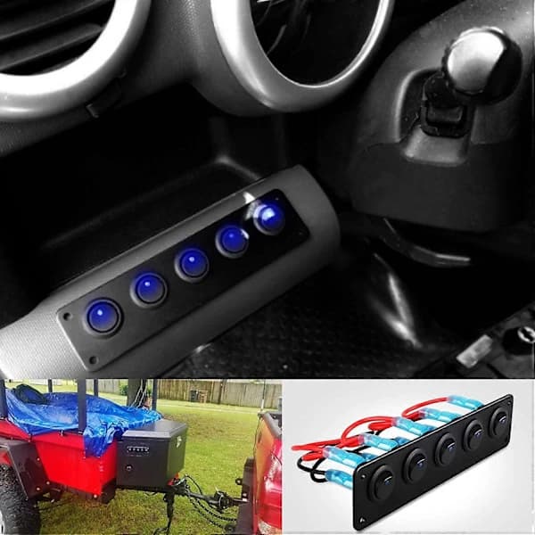 Vippebryterpanel med 5 forhåndskablede av/på-brytere for 12V 24V bil, tilhenger, lastebil