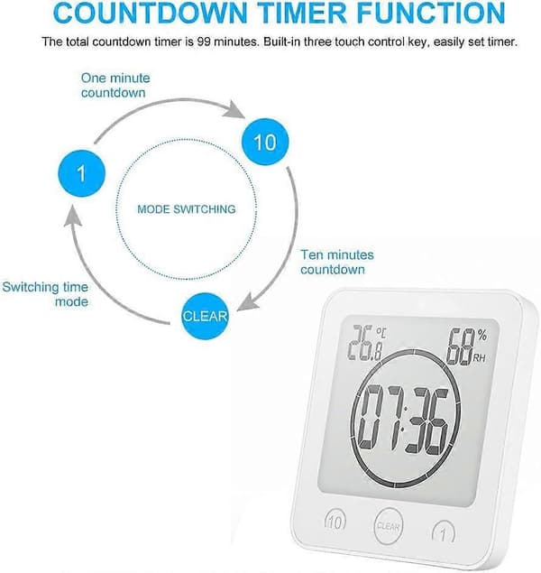 Digital Duschklocka Timer, Vattentät Badrumsmonitor Med LCD Digital Display, Pekskärmstimer, Multifunktionell Temperatur & Luftfuktighet I (FMY)