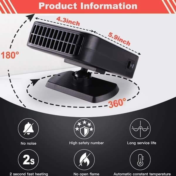 12V Car Heater & Defroster, 200W Fast Heating Windshield Wiper with 360° Rotating Fan for Car & SUV Red