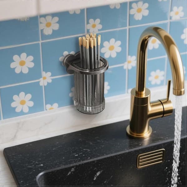 Wall Mounted Utensil Holder with Drain Tray, Space-Saving Kitchen Organizer for Chopsticks