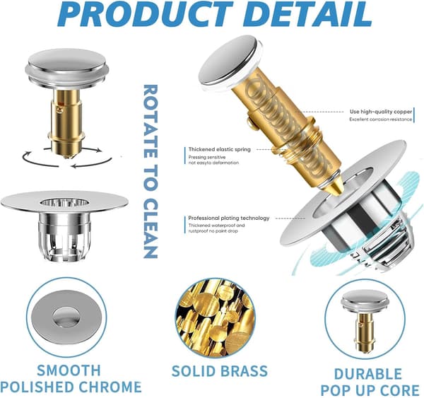 Sink Plug Replacement, for 33-40 mm, Pop-Up Sink Stopper with Strainer, with Hair Catcher, for Kitchen and Bathroom