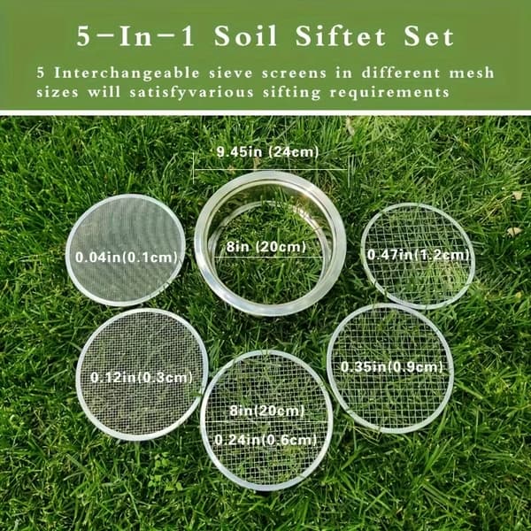 Jordsiktsett i rustfritt stål 5 utskiftbare nett 1-12 mm Hagesikt 5 stk. netting sølv Silver 5pcs Mesh Scree