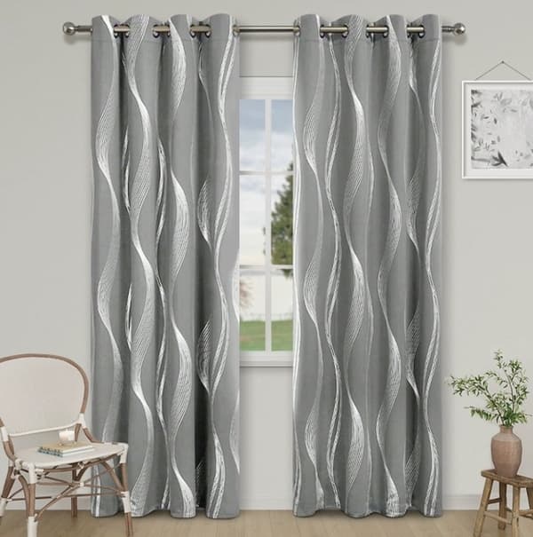 Blackout Curtain with Silver Wave Pattern, Thermally Insulated, with Eyelets, for Bedroom and Office, Light Grey, 132x213 cm, 1 Panel