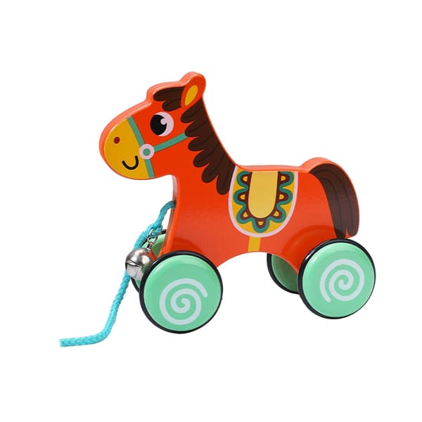 DYNWAVE Push and Pull Toy Wooden Animal Walking Educational Activity Toy Sensory Bell Bidirectional Movement Rounded Edges Suitable, Horse