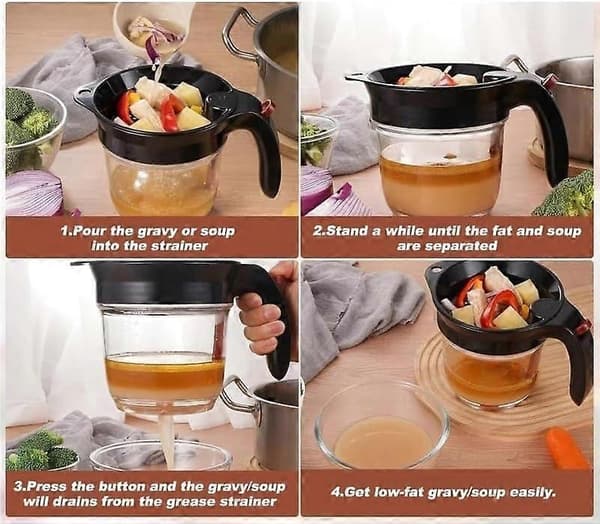 Sausseparator med bunnutløp og sil 33oz Fettseparator for å lage sunne sauser
