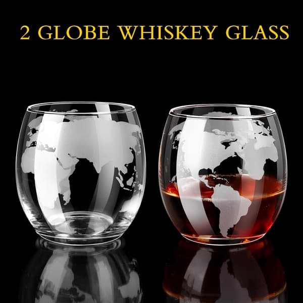 Whiskey Decanter Set with Engraved Globe - 850ml Spherical Decanter with 2 Engraved Whiskey Glasses for Bourbon Scotch Cocktails, Gift for Men