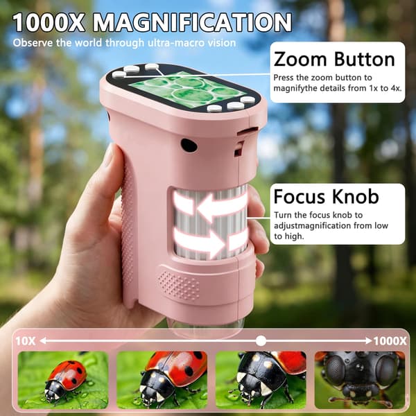 Digital microscope for kids, 1000X handheld pocket microscope STEM science toy Pink Pink