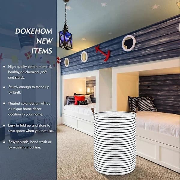 1 pc 45 cm freestanding laundry basket with lid (blue striped, M)