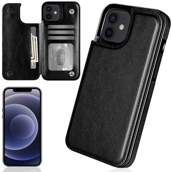 iPhone 12 / 12 Pro Stødsikkert Cover Kortetui 3-RUM Flip Sort Sort Svart