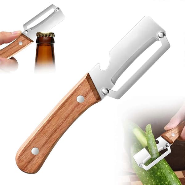 Grønnsaksskreller i rustfritt stål med ergonomisk håndtak og flaskeåpner, multifunksjonell